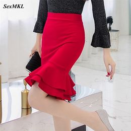 SEXMKL Womens Korean Pencil Skirt Fashion Elegant High Waist Ruffle Black Office Ladies Sexy Plus Size Red Jupe 210621