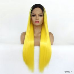 12~26 inches Long Synthetic Lace Front Wigs Silky Straight Yellow Ombre Color perruques de cheveux humains Wig 180906-1