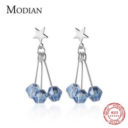 925 Sterling Silver Jewelry Gift with Elegant Stars And Blue Crystal Stud Earrings for Women Girl Fine 210707