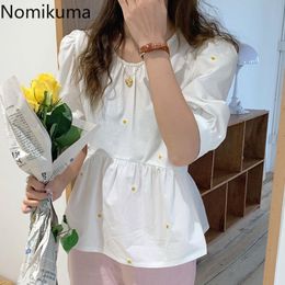 Nomikuma Blouse Women Flower Embroidery O Neck Short Sleeve Shirts Summer Blusas Mujer Korean Vintage Tops Chemises 210514