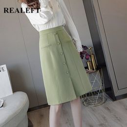 Spring Korean OL Style Sheath Wrap Midi Skirts Single Breasted Elegant High Waist Work Wear Pencil Green 210428