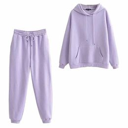 Women Unisex Couple Fleece Autumn Winter Plush Hooded Sweater + High Waist Elastic Sports Pants Casual Suit 2 Piece Set 210607