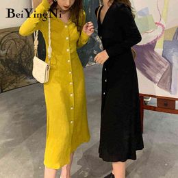 Beiyingni Single-breasted Long Slleve Dress Women V-neck Casual Fashion Korean A-line Dresses Elegant Romance Spring Autumn Robe Y1204