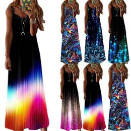 Plus Size 5XL Summer Maxi Dresses Five Colour Print Spaghetti Strap Women's Fashion Casual Printed Mid-Waist 210522