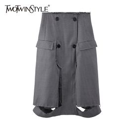 Plaid Hollow Out Skirt For Women High Waist Button Casual Midi Skirts Female Fashion Clothing Autumn 210521
