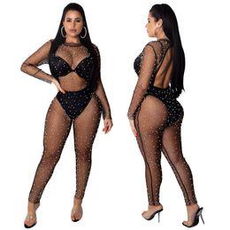 Kristall Diamant Schwarz Overall Frauen Aushöhlen Transparent Lose Lange Fishnet Bodysuit Sexy Perlen Patchwork Overalls 210514