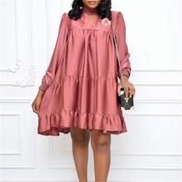 Women Loose Dress Long Sleeve Elegant Office Ladies Classy Plus Sized Summer Spring Oversized Vestidos Robes Pink Blue 210416
