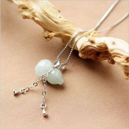 925 Silver Jade Natural Emerald Gourd Shape Trendy Charm Necklace Pendant for Lovers Gift