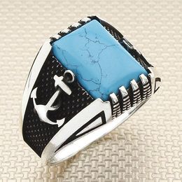 Oxidised Dished Square Blue Raw Turquoise Stone Men Silver Ring With Anchor Motif Made In Turkey Solid 925 Sterling Cluster Rings