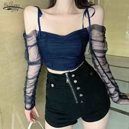 Autumn Slash Shoulder Pleated Slim Shirt Women Sexy Hollow Out Romantic Spiced Mesh Tops Black Lace Blouse Chemisier Femme 12393 210521