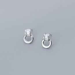 Shiny Clear CZ C-Shape Drop Earring for Women Real 925 Sterling Silver Simple Geometric Round Dangle Fine Jewelry 210707