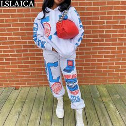 2 Piece Sets Womens Outfits Plus Size Fashion Knitted Print Casual Joggers Set Autumn Winter Streetwear Tracksuit 210515