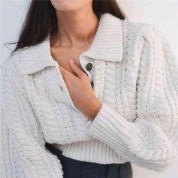 BLSQR Vintage Ribbed Trims Jacquard Crop Knitted Sweater Women Lapel Long Sleeve Female Pullovers White Female Retro Jumper Y1110