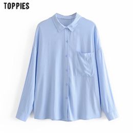 Loose Light blue shirts for women Street casual style fashion tops blouse Long sleeve with pocket 210421