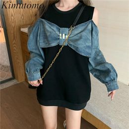 Kimutomo Bow Jeans Patchwork Sweatshirt Women Fake Two Piece Off Shoulder Hong Kong Style Long Sleeve Pullovers Chic Fashion 210521
