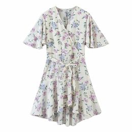 BBWM Sweet Women Floral Print Chiffon Ruffle Dress Female Short Sleeve V Neck Sashes Casual Holiday Vestido Summer Dress 210520