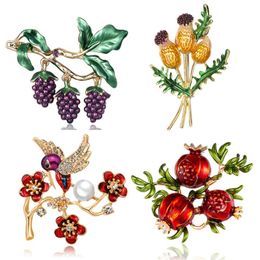 Pins, Brooches Flower Fruit Pomegranate Grape Bird Pearl Pin Brooch Rhinestone Men Women Plant Enamel Jewellery Clothing Accessories