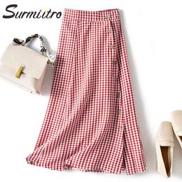 Spring Summer Women Korean Style Red Black Plaid Single-Breasted High Waist School Aesthetic Midi Skirt Female 210421