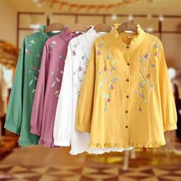 Spring/autumn Women Loose Ruffled Collar Embroidery Blouse Single Breasted Long Sleeve Cotton Linen Casual Shirts W75 210512