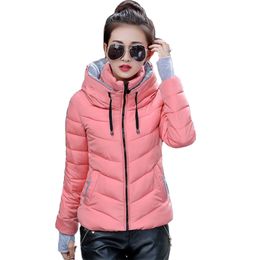 hooded women winter jacket short cotton padded womens coat autumn casaco feminino inverno solid color parka stand collar 210910