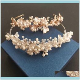 Jewelryslbridal Handmade Luxury Alloy Leaf Crystal Rhinestones Freshwater Pearls Bridal Tiara Wedding Party Crown Women Hair Jewellery Drop De