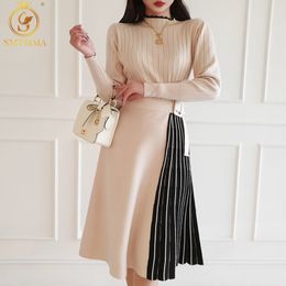 Women Winter Korean Style Temperament Knit Sweater Dresses Female Long Sleeve Big Swing Patchwork Midi Vestidos 210520