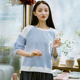 Johnature Women Korean Style T-Shirts Patchwork Striped O-Neck Short Sleeve Cotton Summer Casual Women Clothes Loose Tshirt 210521