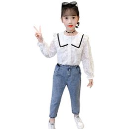 Kids Clothes Girls Lace Blouse + Jeans For Girl Outfit Spring Autumn Childrens Clothing 6 8 10 12 14 210528