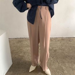 High Waist Free Retro Fashion Vintage Straight Solid Slender Loose Students Chic Casual Women Long Pants 210421