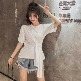 Summer Solid Colour Short Sleeve Women Tee Shirts Bow Bandage High Waist Tshirt Korean Slim Fit cotton T-shirt black white 210529