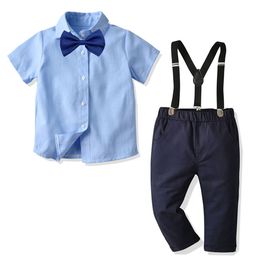 Autumn Short-Sleeve Shirt for Boys Strap Pants Suit Banquet Dress Children Gentleman toddler boy clothes 210515