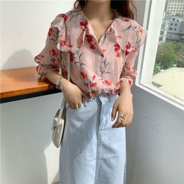 Casual Streetwear Chiffon Loose Florals All Match Ruffles Vintage Gentle Chic Office Lady Short Sleeves Shirts 210421