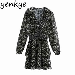 Sexy Transparent Vintage Animal Print Dress Women Ruffle V Neck Long Sleeve Elastic Waist A-line Mini Chiffon vestido 210514