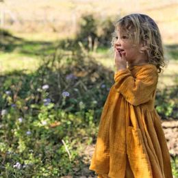 Spring Brand Baby Girl Clothes Long Sleeve European&America Solid s Dress Toddler Casual Linen Princess 210429