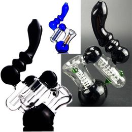 Coloured bent neck glass bongs Hookahs double cake recycler honeycomb perc water pipe dab rig small black