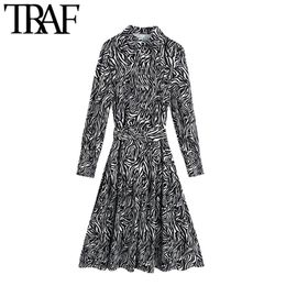 Women Chic Fashion With Belt Animal Print Midi Shirt Dress Vintage Puff Sleeve Button-up Female Dresses Vestidos 210507