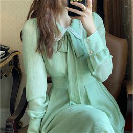 French Retro Dress Women Casual Ruffled Collar Long Sleeve Vintage Bow Solid Fairy Chic Party One-Piece Korean Style 210429