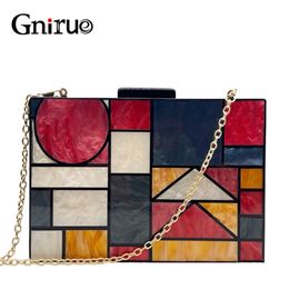 brand acrylic patchwork Evening bags Hand Vintage Women messenger Geometric Pattern Clutches Party Prom purse 210809