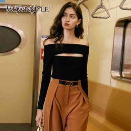 Hollow Out Knitted Short Tops For Women Slash Neck Long Sleeve Slim Black Sweater Female Autumn Fashion 210524