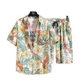 2021 Summer Fashion Floral Print Shirts Men+Shorts Set Men Short Sleeve Shirts Casual Men Clothing Sets Tracksuit Plus Size Y0831