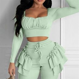 Autumn Women Long Sleeve Top and Drawstring Pants Two Piece Set Fashion Pleated Edge Sport Pant Suits Female Casual Outfits 220315