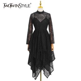 Elegant Patchwork Lace Dress For Women Stand Collar Long Sleeve High Waist Irregular Hem Dresses Female Fashion 210520