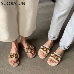 SUOJIALUN 2021 Fashion Brand Gold Metal Chain Slippers Flat Heel Casual Slide Summer Outdoor Beach Sandals Ladies Flip Flops Sho C0330