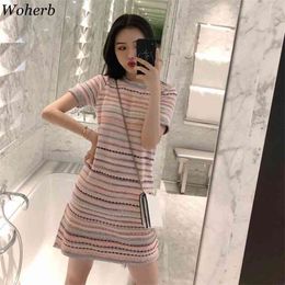 Summer Elegant Vintage Knitted Mini Dresses Women Short Sleeve Rainbow Striped Sexy Party Dress Korean Style Robe 210519