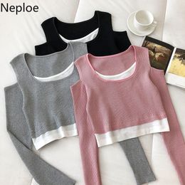 Neploe Fashion Sweaters for Women Hollow Out Off Shoulder Knitted Pullovers Crop Tops O-neck Long Sleeve Jumper Coat Female 210422