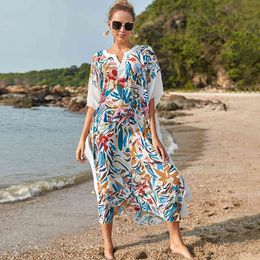 Bikini Cover-ups Bohemian Print Summer Dress Beach Tunic Women Beachwear Kaftan Swimsuit Cover Up Q1176 210420
