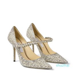 Designer-Elegant Sandals Bridal Dress Shoes Glitter Leather Pumps Women Pearls Strap High Heels Pointed Toe Party Wedding Sandalias