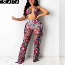 Two Piece Set Women Tube Top Backless Long Pants Tassel Patchwork Sets Sexy Party Clubwear Print Trouser Suits 210520