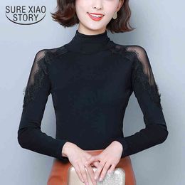 Autumn Winter Solid Black Mesh Lace Turtleneck Bottoming Slim Long Sleeve Shirt Women Tops 7699 50 210417