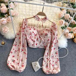 Sexy Women Tops Gothic Floral Print Elegant Chiffon Blouse Shirts Long Sleeve Pink Lady Crop Tops Clothing 210810